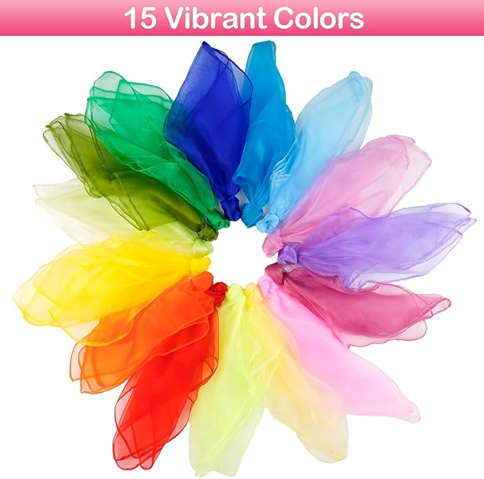Scarves for Kids Play, 24 Inch Juggling Scarves, 15/30/45 Pcs available, Play Scarve for Toddlers, Dance, Magic Tricks