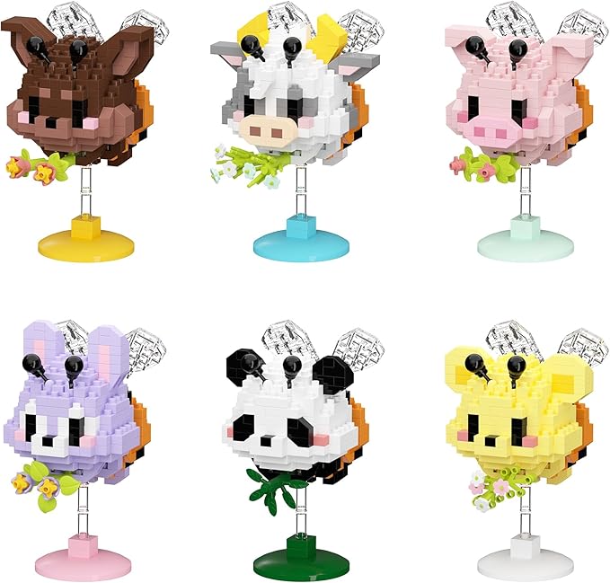 Cute Cartoon Animal Mini Micro Building Blocks Set - 6 Mini Designs with Display Stands, Ideal for Party Favor for Kids and Building Blocks for Adults. Educational Toys for Kids