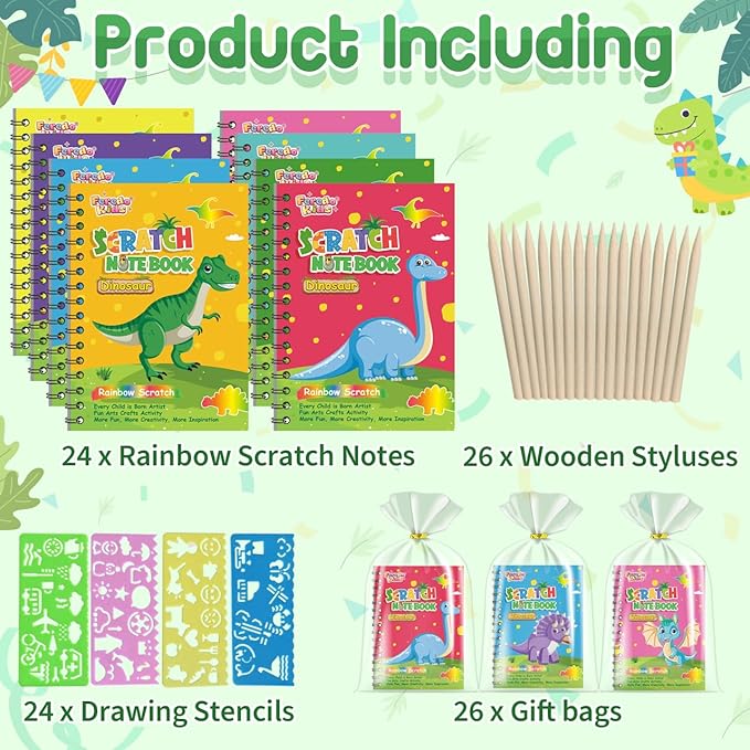 Kids Scratch Art Party Favors Gifts: 24 Pack Dinosaur Scratch Notebook Paper Birthday Party Favor Toy Girls Boys Art Craft Kit Summer Classroom Goodie Bags Return Gifts for Birthday Party Favors Bulk