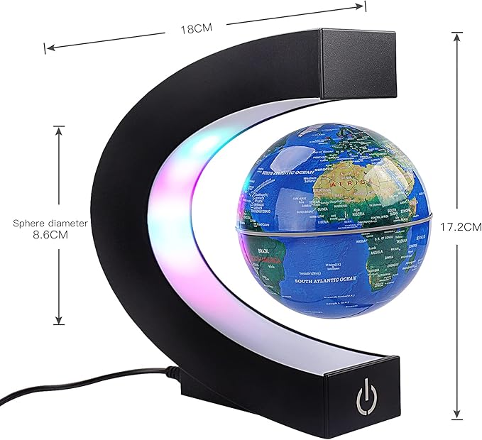 Floating Globe with Colored LED Lights C Shape Anti Gravity Magnetic Levitation Rotating World Map with Touch Switch for Gift Home Office Desk Decoration with Switch (Blue)