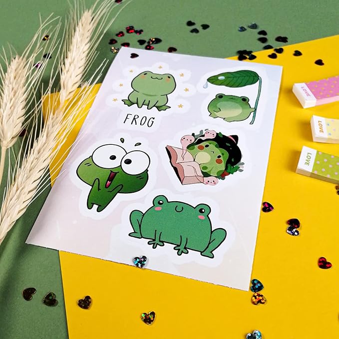 BulbaCraft Kawaii Frogs Stickers Set, 50 Pcs Green & White Vinyl Decals for Kids, Waterproof, Scratch Resistant, Indoor Usage, Single Use, Water Bottle, Laptop, Scrapbook, Journal, Frog Theme