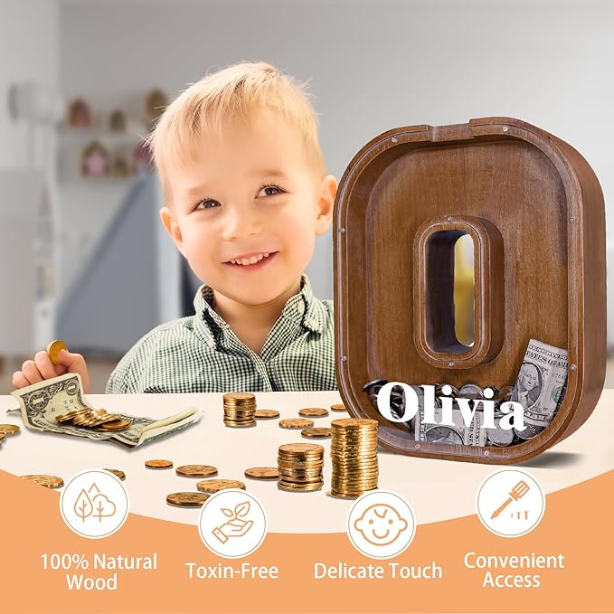 Wooden Letter Piggy Bank for Kids Larger Letter Piggy Bank for Boys and Girls Personalized Piggy Bank Initial Coin Bank Wood Kids Money Bank for Birthday and Festival