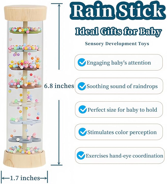 Oneshow Wooden Rain Stick Montessori Toys for Babies 6-12 Months, Rain Sticks for Kids, Baby Rattle Sensory Toy with Calming Rain Sounds, Toddler Educational Gifts for 1 Year Old - 6.8"