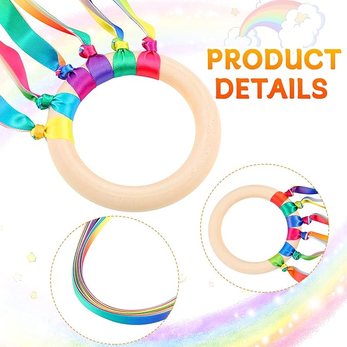 Sumind 6 Pcs Rainbow Ribbon Hand Kites Wands for Kids Dancer Streamer String Toy Thrown Waldorf Wand with Wooden Ring Wand Learning Educational(Warm Colors)