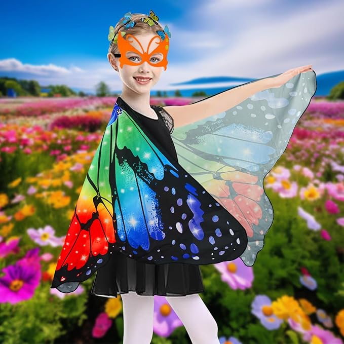 Butterfly Costume for Girls Fairy Wings Kids 4 Pcs(Cape,Skirts,Masks,Hair Clips) Butterfly Wings for Halloween Gifts
