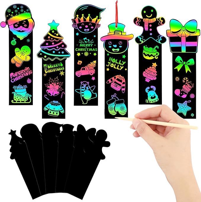 AUGSUN 96Pcs Christmas Scratch Bookmarks, Cute Tree Santa Snowman DIY Crafts Kit Rainbow Magic Scratch Paper Art for Xmas Hanging Ornaments Party Favors