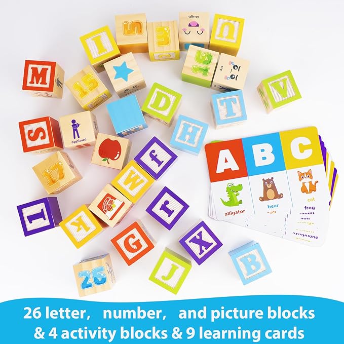 KMTJT Wooden Alphabet Blocks for Toddlers 1-3 | ABC Stacking Blocks Toys for 1 2 3 Year Old Kids | One Year Old Girl Boy 1st First Birthday Gifts | Number Building Blocks Learning Educational Toys