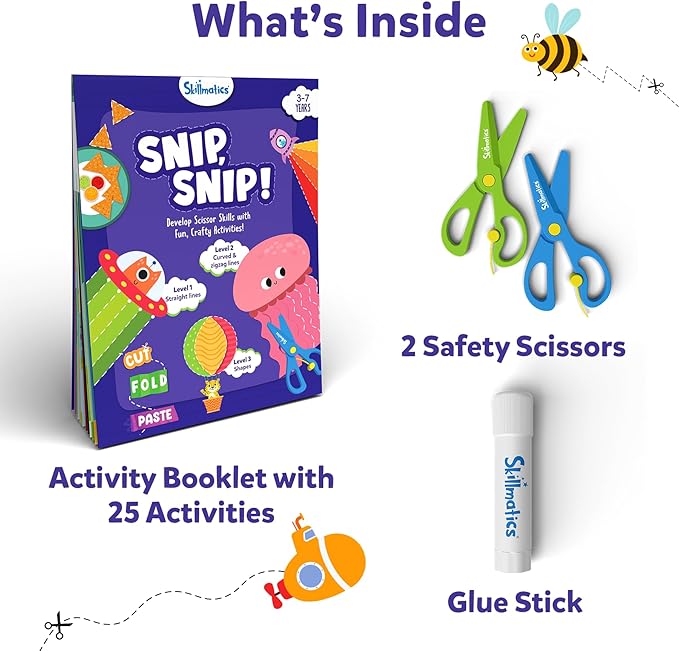 Skillmatics Scissor Skills Activity Book - Snip Snip, 25 Fun Cutting & Creative Activities for Preschoolers, 2 Child-Safe Scissors, Fine Motor Skills, Felt Craft Kit, Gifts for Kids Ages 3, 4, 5, 6, 7