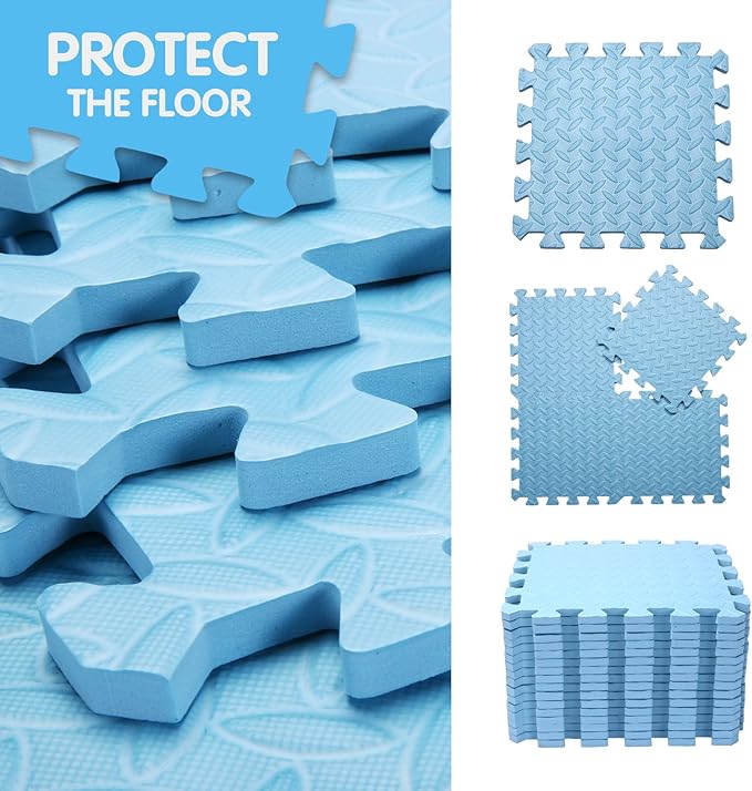 Coolcandy EVA Foam Play Mat, 16 Tiles Colorful Baby Play Mat, Square Kids Playmat with Solid Colored, 0.4" Thickened Interlocking Foam Floor Tiles, Puzzle Play Mat For Baby Lying, Playing (Light Blue)