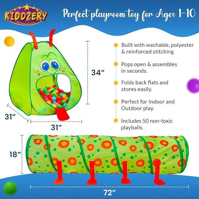 Kiddey Caterpillar Kids Play Tunnel and Tent with 50 Balls 2 Pc. Crawl Through Baby Ball Pit Pop up for Toddler and Babies, Indoor & Outdoor Jungle Gym Party Gift | Crawling Tunnels & Tents