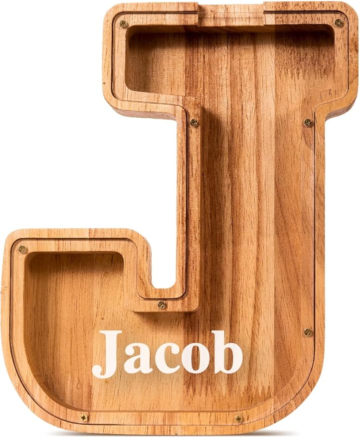 Summidate Customized Name Large Wooden Piggy Bank for Kids Boys Girls Alphabets Letter A-Z Coins Bills Money Change Bank Box Initial on Clear Cover (Laser Engraved) (Alphabet-J, 9")