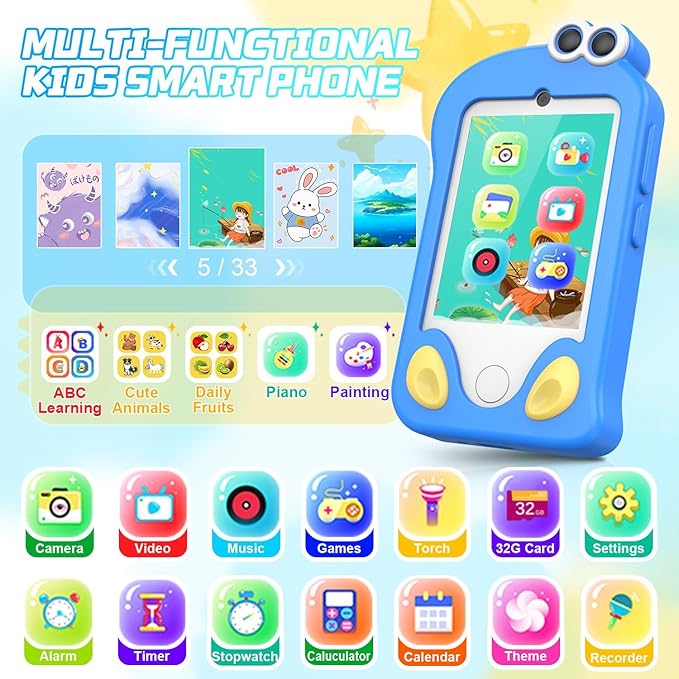 Kids Smart Phone, Phone for Kids Ages 3-12 | 2.8" Touchscreen, Dual Camera & Video Recording | Educational Learning Toy with Games & Music | Christmas Birthday Gift for Boys and Girls（Blue）