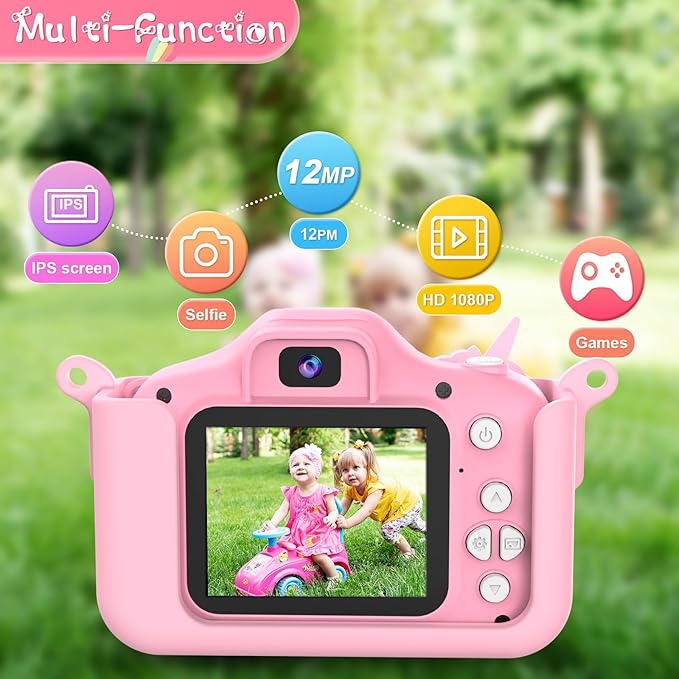 PROGRACE Kids Camera for Girls and Boys - Ages 3-12, Digital Video Camcorder Toy with Cartoon Soft Cover - Unicorn Camera with 32GB SD Card - Best Christmas Birthday Gift for Kids, Pink
