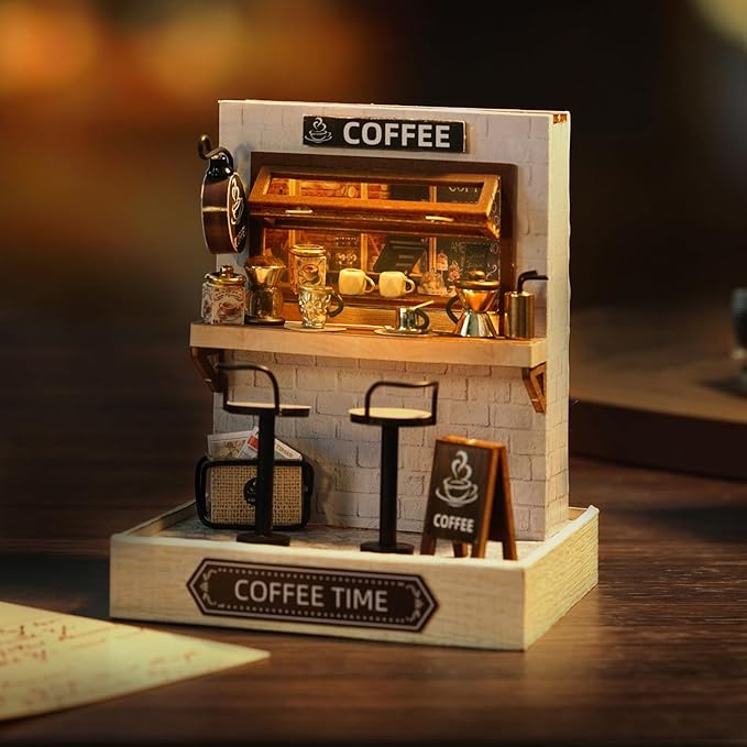 TuKIIE DIY Miniature Dollhouse Kit with Furniture, 1:24 Scale Creative Room Mini Wooden Doll House Plus Dust Proof for Kids Teens Adults(Coffee Time)