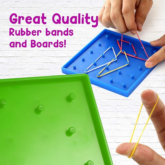 6 Pack Double-Sided Geoboard Mathematical Manipulative Material Array Block Geo Board, Educational Toy for Kids with Rubber Bands and 15pcs Pattern Card, STEM Shape Puzzle Brain Teaser Toy, 5x5 Inch