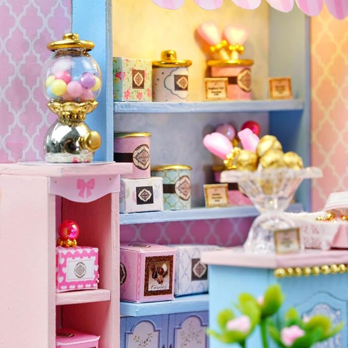 OZJAY DIY Miniature House Kit with Dust Proof Cover, 1:24 Scale Creative Room Mini DIY Wooden Dollhouse Miniature Kit for Adults Teen - Yummy Candy