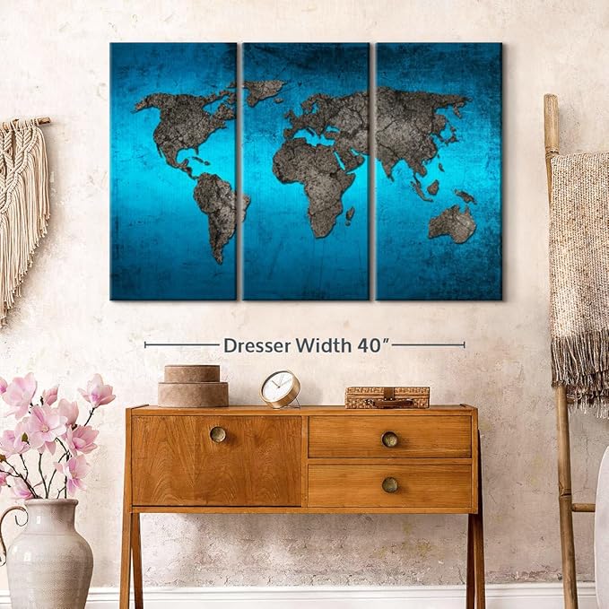 ElephantStock Ocean World Map Multi Piece Canvas - 3 Panel Wall Decor - Map of the World Art - Canvas for the Office and Home - 50" X 32"