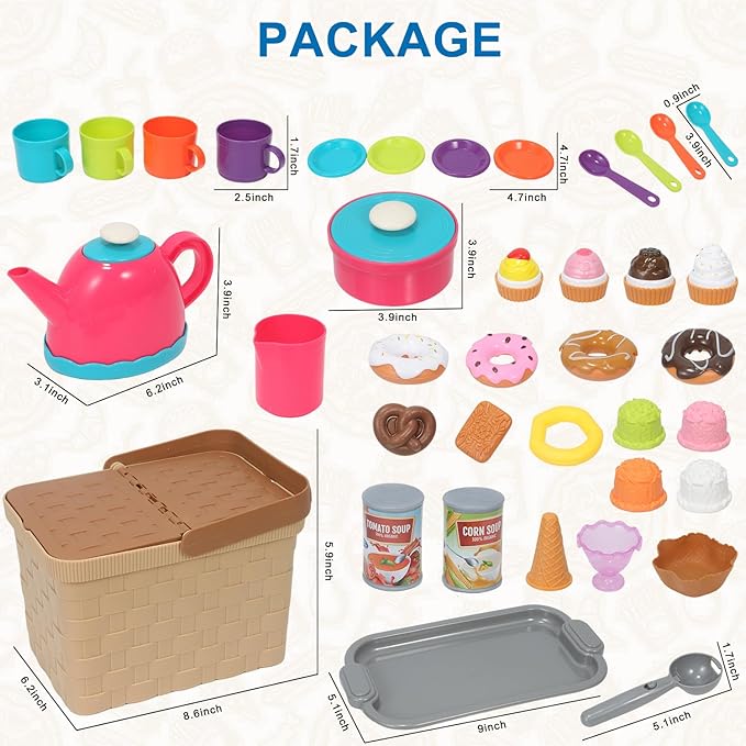 Picnic Basket Toys Play Tea Sets with Teapot Tea Cup Dessert Food,Ice Cream Playset, Pretend Play Kitchen Accessories Tea Party Set for Toddlers Kids Little Girl Boy Age 3-7 Years Old