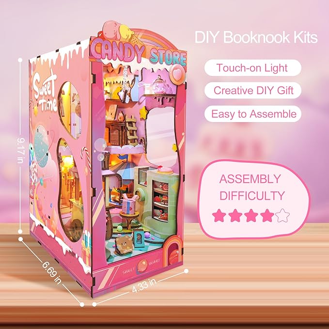 DIY Book Nook Kit,Miniature Candy House Kit for Adults,Booknook Dollhouse Kit Bookshelf Decor Tiny House Kit,3D Wooden Puzzle with LED Dust Proof,Diorama Crafts Birthday Gifts Girlfriend Valentine's