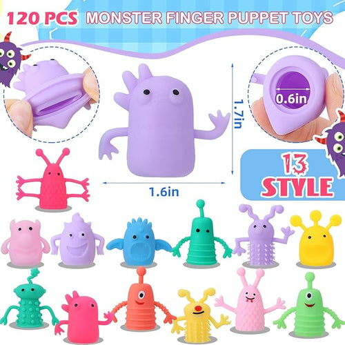 120 PCS Finger Puppets Toys Cute Monster Finger Puppets Soft Rubber Stretchy Fidget Doll Toys for Role Playing Birthday Kids Party Favors, 14 Random Styles