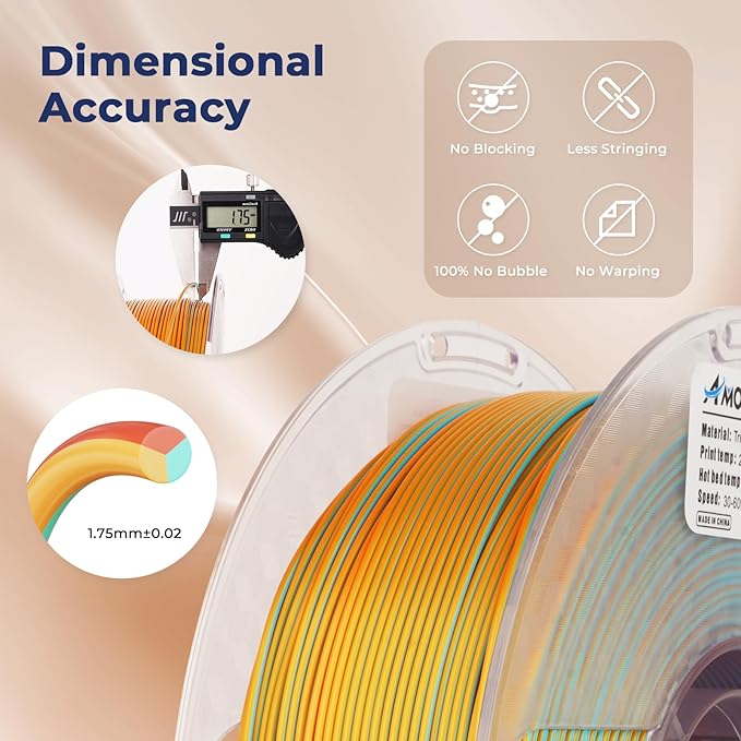 AMOLEN Silk PLA 3D Printer Filament, Tri Color Coral Gold Turquoise PLA 1.75mm, Shiny Multi Color Change Filament 3D Printing PLA Filament for Most FDM 3D Printer, 1kg Spool(2.2lbs)