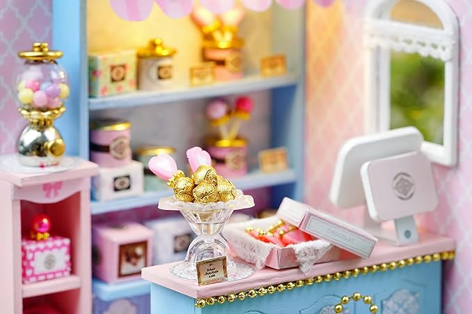 CUTEROOM DIY Doll House Miniature Furniture Wooden House Kit with Dust Cover & LED Light and Accessories - New Three Styles QT Series Dollhouse (QT045)