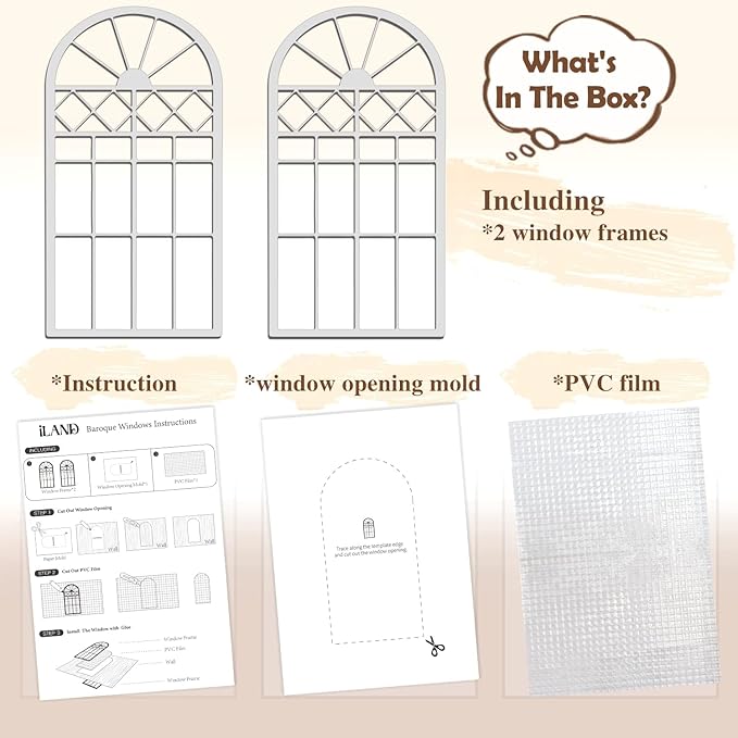 iLAND 1/12 Scale Accessories of Dollhouse Window, Wooden DIY Dollhouse Building Supplies, Complete Miniature Window Kit w/Wooden Frame & Grid Pattern PVC Film