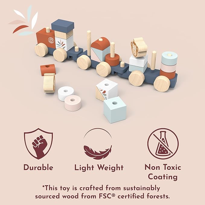 Speedy Monkey Wooden Pull-Along Train Stacker – Soft Colors, Monkey Character, Stacking Blocks, Build Houses | Non-Toxic Paint, Creative Fun, Ideal for Kids, Educational Toy for Toddlers