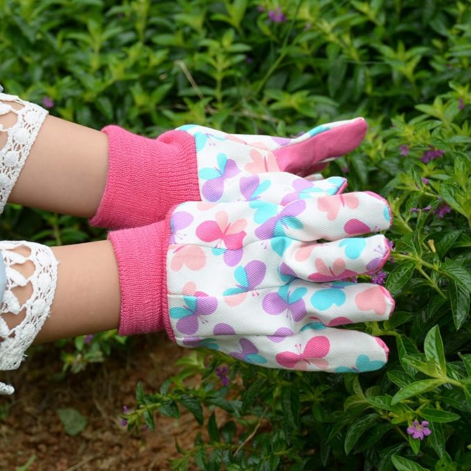 HANDLANDY 2 Pairs Kids Gardening Gloves, Girls Boys Children Garden Work Play Gloves (Pink Butterfly & Dot, Small)