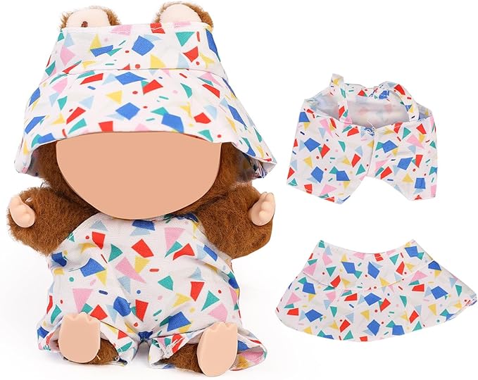 Doll Clothes for Labubu(NO Doll), for 17/15cm Plush Dolls, Clothing Suit Toy Figurine Outfit Set Dress Up with Kawaii Style Accessories, Multicolour Overall and Cute Hat or Headwear (LB201)