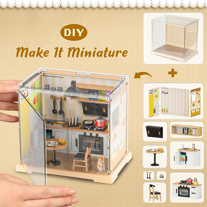 DIY Miniature House Kit, Tiny House with Home Decor Furniture & LED, DIY Dollhouse Miniature Kit for Adults Teens, Dollhouse for Mini Figures, Mini House Building Kit, Home Kitchen Mini Model Kit