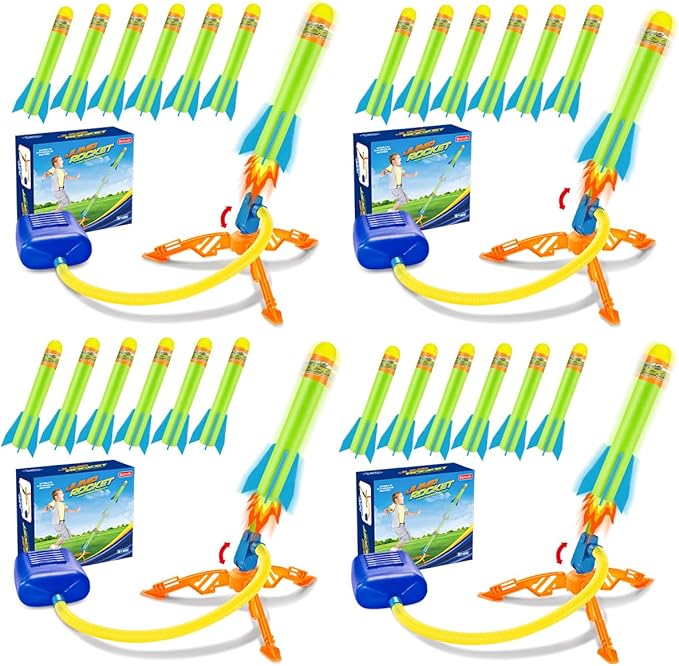 Banvih 4-Pack Rocket Launcher for Kids – 24 Foam Rockets, Launch Up to 120+ ft, Outdoor Toys for Ages 3-8+, Summer Yard Games, Birthday Party Gift for Toddlers & Boys