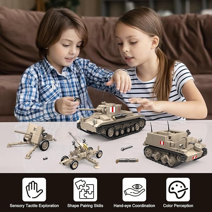 5 in 1WW2 Army Tank Toys Building Set Compatible with Lego British Military Vehicles(1260 Pcs),Create UK Ordnance QF 2-Pounder&Morris CDSW 6X4,Valentine.I Transport Vehicles Military Toy Gift for Boy