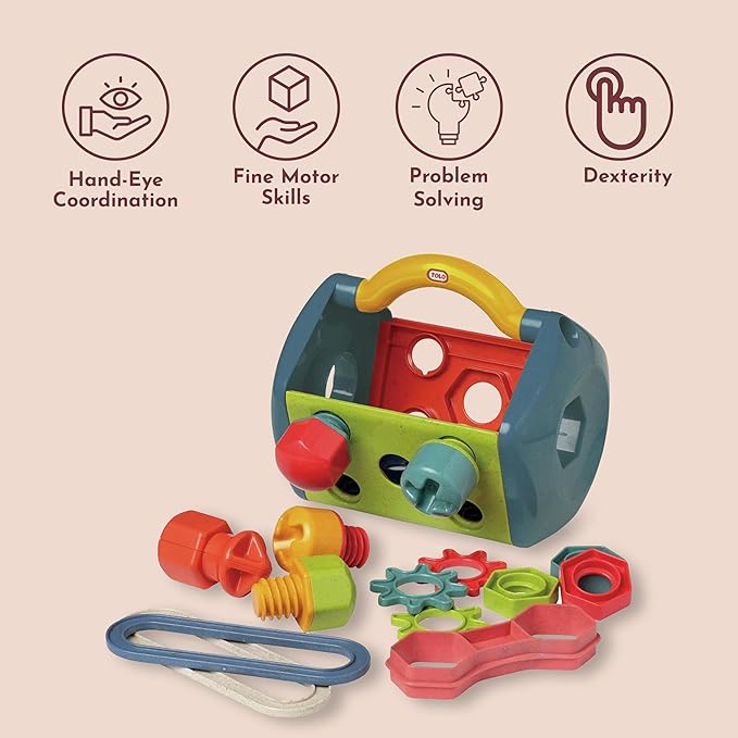Tolo Bio Tool Box | 14-Piece Kids Engineering Tool Set with Screwdriver, Spanner, Connectors, Screws, Bolts, Nuts & Gears | Educational STEM Toy for Creative Play | Portable with Sturdy Handle