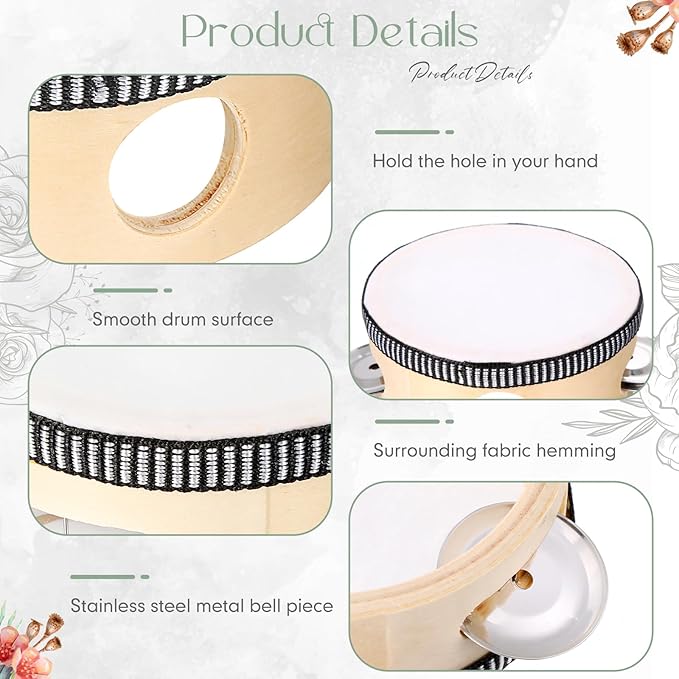 24 Set 4 Inch Tambourine for Adults Wooden Hand Held Drum with Metal Jingles, Gift Tags, White I Love You Printed Ribbon Percussion Gift Musical Instrument for Church Wedding Party Favor
