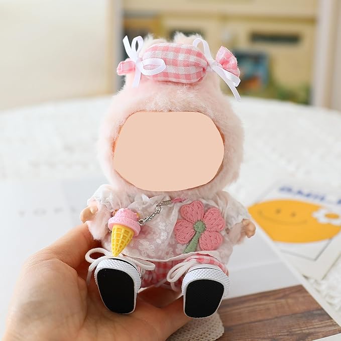 Clothes for Labubu Doll,Clothes for Dolls Accessories,Four-Leaf Clover Candy Summer Replacement Outfit Set 5 Pieces Suitable for Labubu 15&17cm ,Adorable Dress-Up Accessories for Doll (Pink)