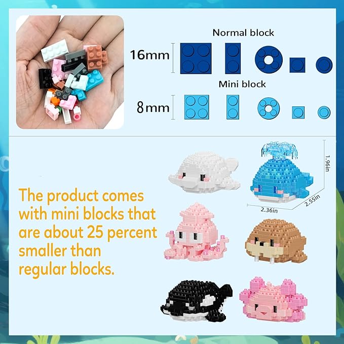 12 Pack Cute Ocean Sea Animal Mini Building Blocks Sets, 2642 PCS Micro Mini Building Bricks Toy for Adults, Party Favors for Kids Boys Girls 12-14