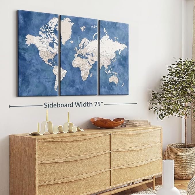 ElephantStock Detailed World Map With Cities I Wall Art - Horizontal Canvas - 3-Piece Living Room Decor - Watercolor Map Canvas Print - Beige and Blue Wall Decor by Blursbyai - 65" X 42"