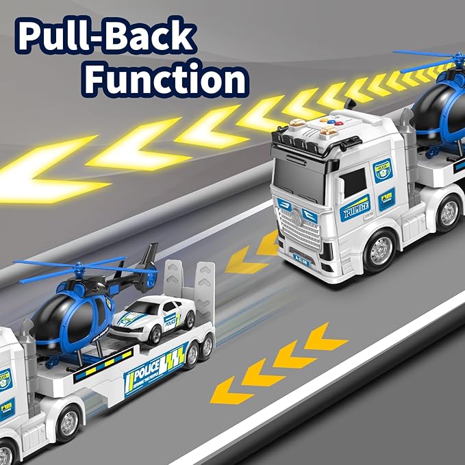 Kids Toys for Ages 3 4 5 6 7 8 Years Old Boys, 25" Large Police Semi Truck with Helicopter & Race Car, Friction Powered Vehicle with Lights & Sounds,Birthday Gift for Boys Girls