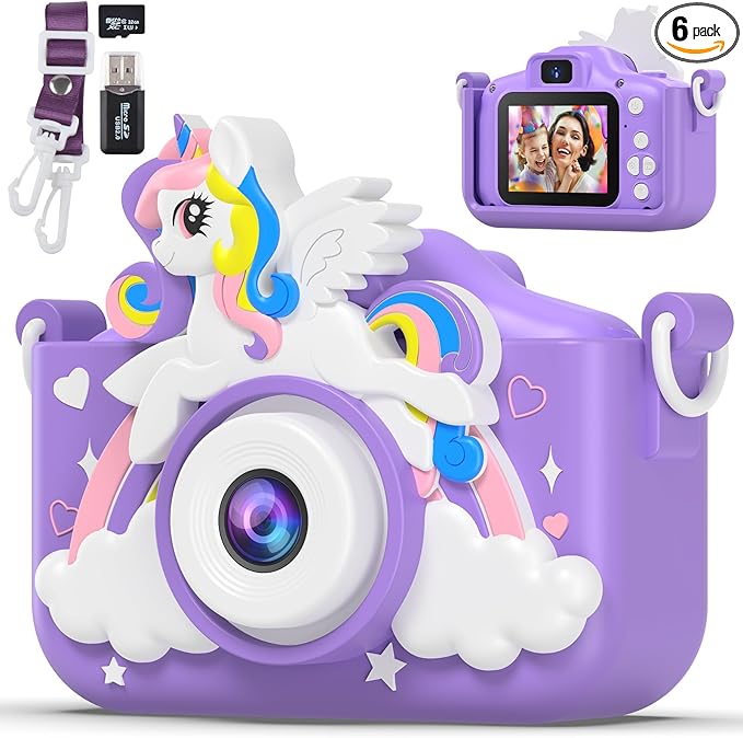Unicorn Camera for Girls Boys with Cartoon Silicone Cover, Digital Mini Toddler Camera Toys for 3 4 5 6 7 8 9 10 11 12 Year Old Kids Birthday Chirstmas Gifts - Personal Video Players (Unicorn Purple)