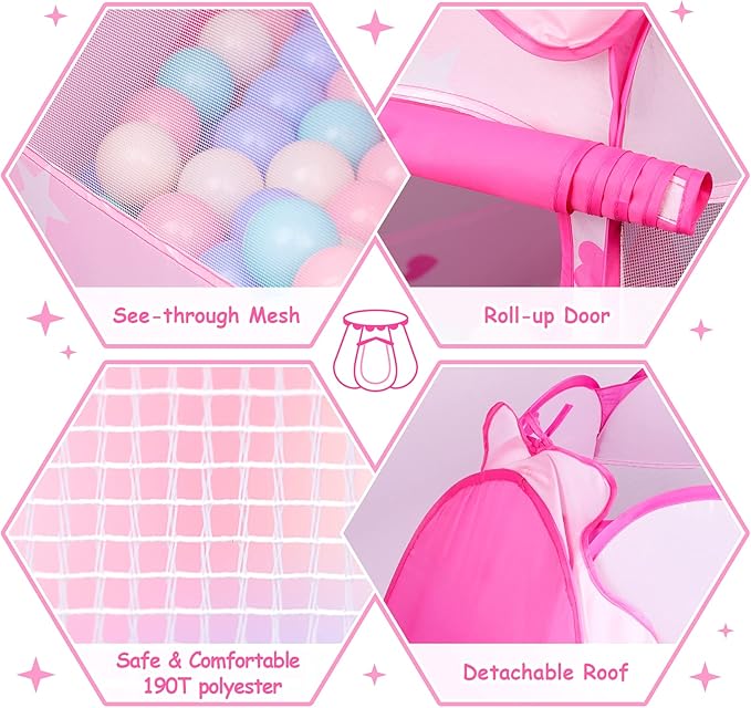 Princess Tent Girls Kids Playhouse Pop Up Play Tent with Star Light Tent for Kids Ball Pit Toys for 1,2,3 Years Girl Birthday Gift for Indoor Outdoor Toddler Girl Gift, Easy to Pop Up and Assemble