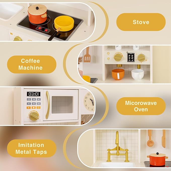 Kids Wooden Play Kitchen Set with Oven, Ice Maker & Coffee Maker - Pretend Cooking Toy Gift for Toddlers 3+ Years