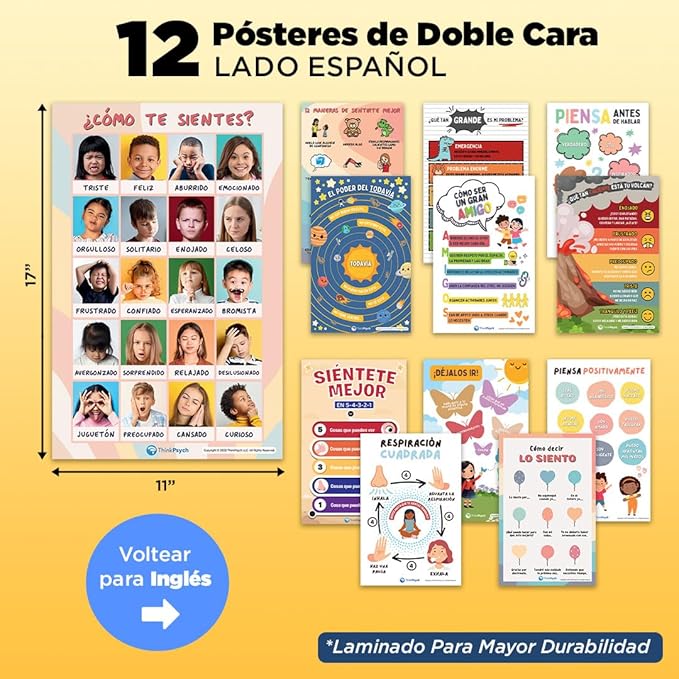 12 Laminated Feelings Posters for Kids - English & Spanish - Calm Down Corner Supplies - Therapy & School Counselor Supplies - Emotions Posters for Home and Calming Corner Classroom