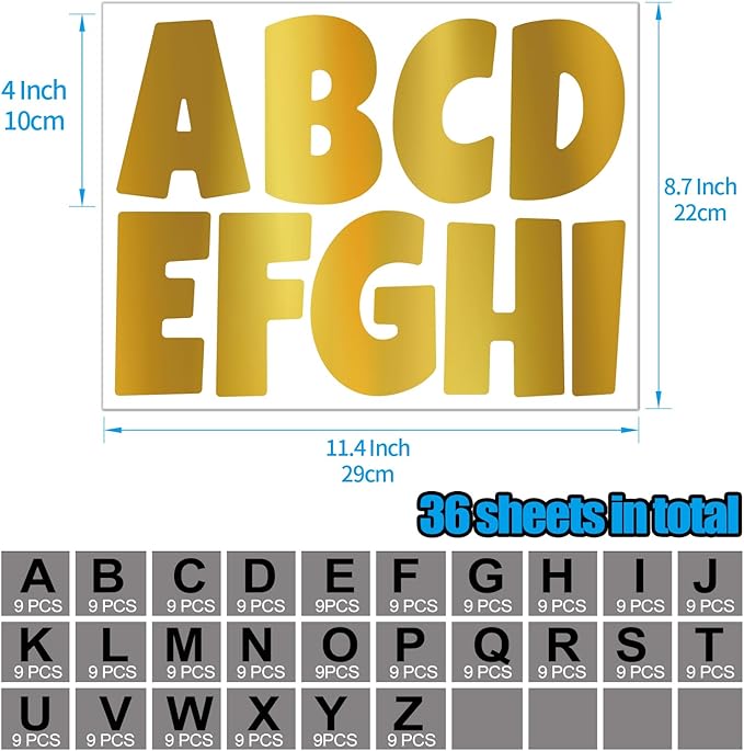 Bemeol Letter Stickers 351 Pieces 4 Inch Bulletin Board Letters Alphabet Cutout Letter for Bulletin Board Display Home Classroom School Decor(Gold)