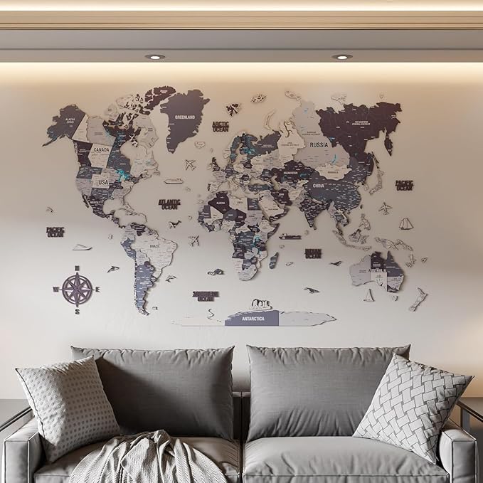 Colorfull Worlds 3D Wooden World Map Wall Art - Premium Multicolored World Travel Map for Wall Decor with Push Pins- Ideal Housewarming Gift & Travel Tracker (XLarge, Nimbus)