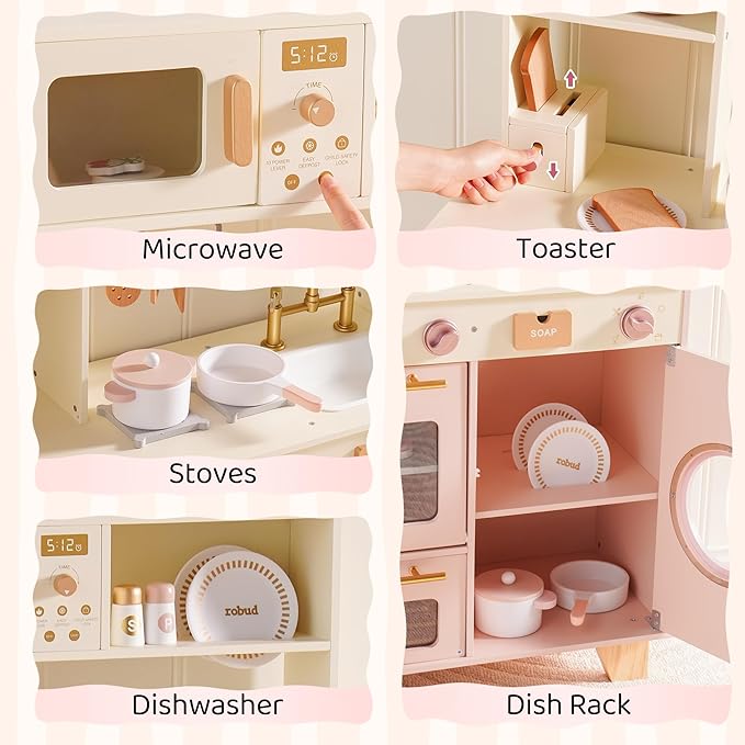 ROBUD Play Kitchen, Pink Toy Kitchen Playset with Pretend Coffee Maker & Toaster for Toddler Aged 3+, Wooden Kids Kitchen of Birthday Gift to Kids, WCF57