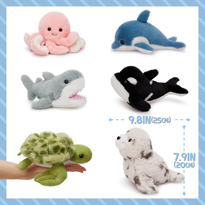 MaoGoLan 6Pcs Sea Animal Plush Toys Ocean Stuffed Animals for Kids, Large Bulk Party Favors with 10'' Plush Whale Shark Turtle Seal Orca Octopus, Classroom Decorations Christmas Valentine's Day Gifts