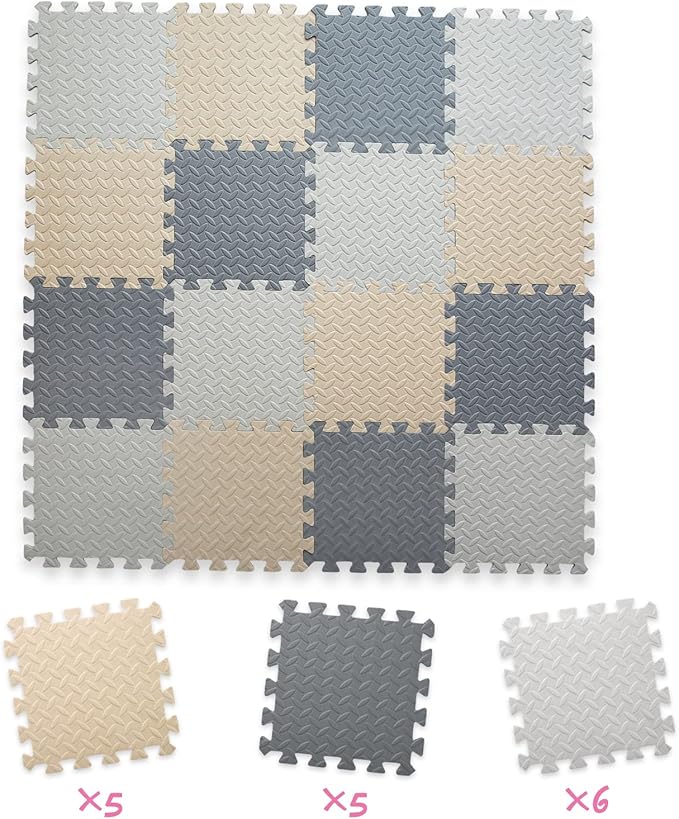 16 Tiles Foam Play Mat for Baby, Soft & Safe EVA Foam Mats for Floor, Square Interlocking Floor Mat, Solid Colored Kids Foam Puzzle Floor Mat, 47x47 Play Mat for Playpen(White/Beige/Gray)