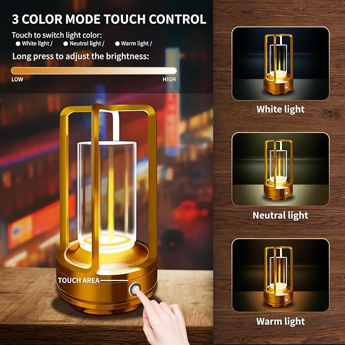Outdoor Table Lamp, 4000mAh Rechargeable Battery Operated lamp, 3 Color Stepless Dimmable Cordless Table Lamp for Patio, Camping, Coffee Table, Crystal Lantern lamp for Indoor/Outdoor (Gold)