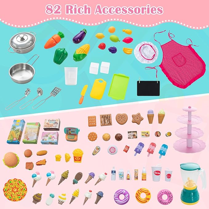 Costzon 2-in-1 Kids Kitchen Playset & Grocery Store, Double-Sided Pretend Play Kitchen with Light & Sound, Ice Maker, Sink & Faucet, 82 Accessories, Toddler Market Stand for Boys Girls Ages 3+